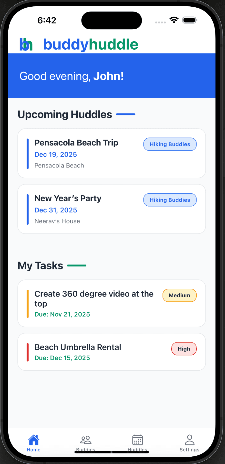 BuddyHuddle mobile dashboard