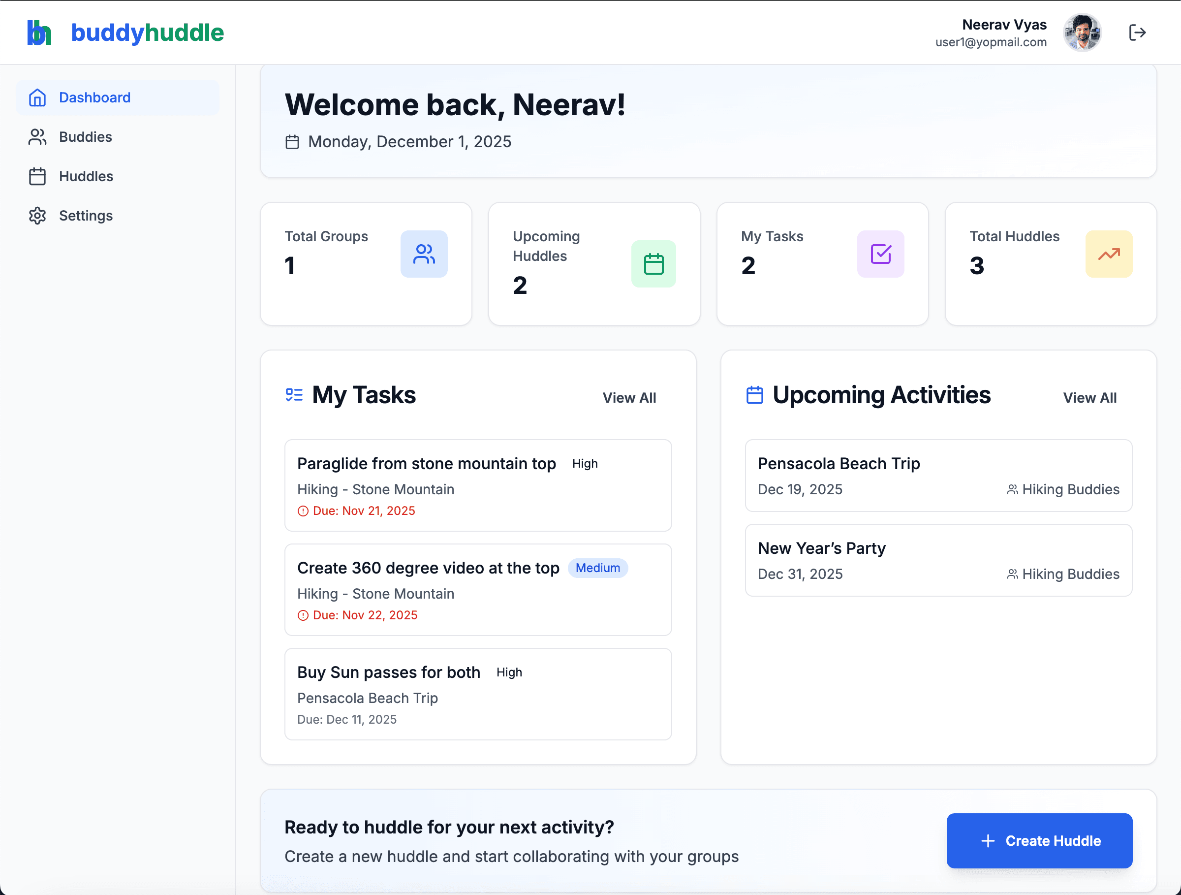 BuddyHuddle web dashboard