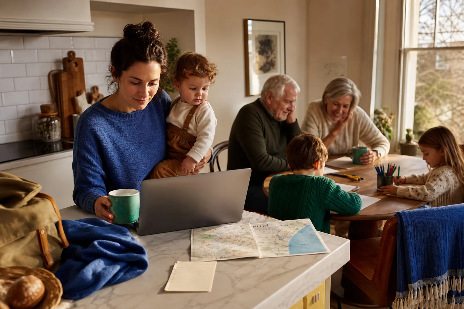 A multi-generational family gathered around a kitchen table, planning a weekend together