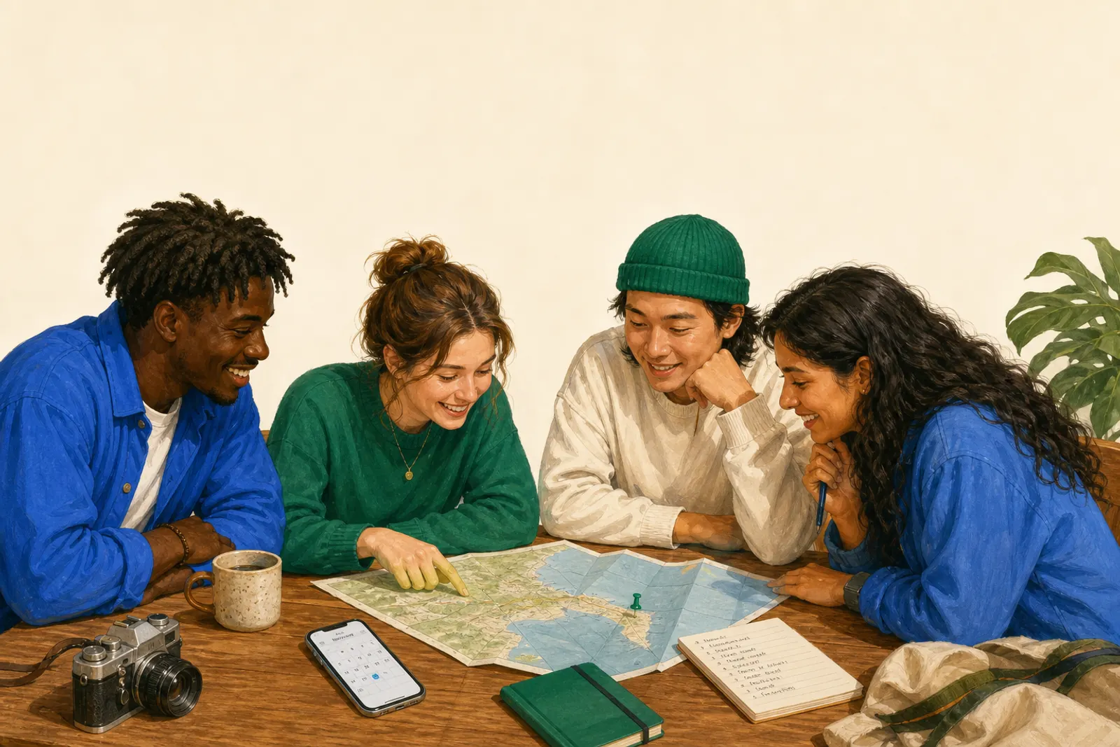 Friends planning a weekend trip around a map, notes, and a packing list