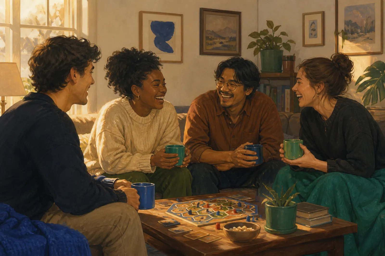 Friends around a table for a weekly get-together with coffee and a game